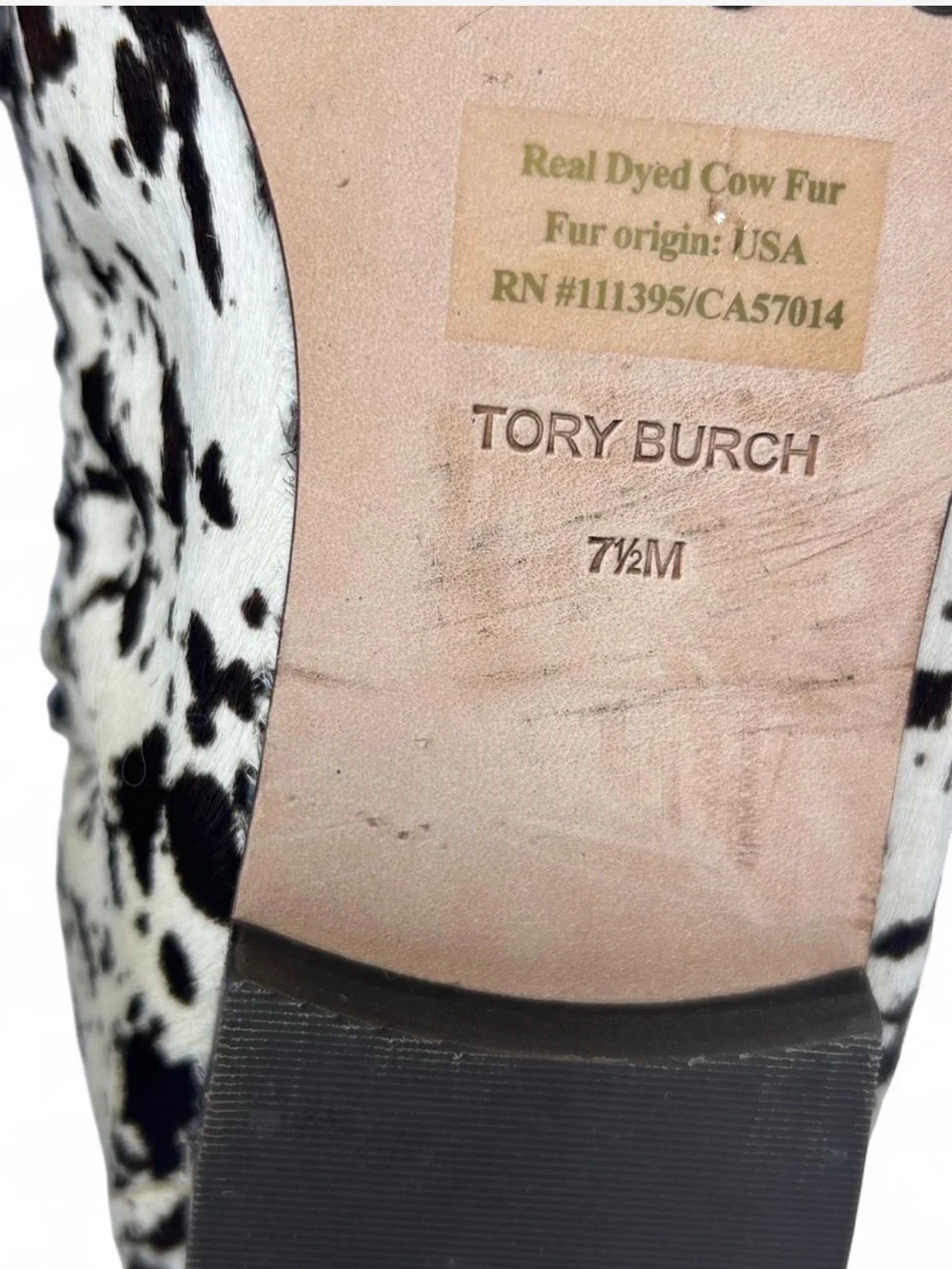 Tory Burch Ballet Loafers in Cow Print, dyed calf hair, smooth leather piping.